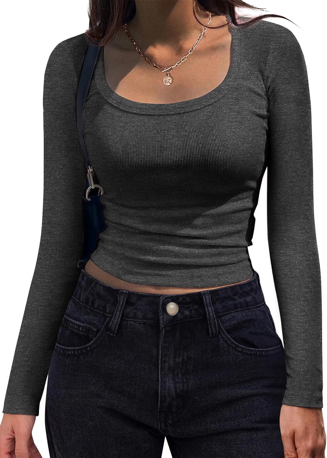 Women's Long Sleeve Scoop Neck Shirt Slim Fit Rib Knit Top