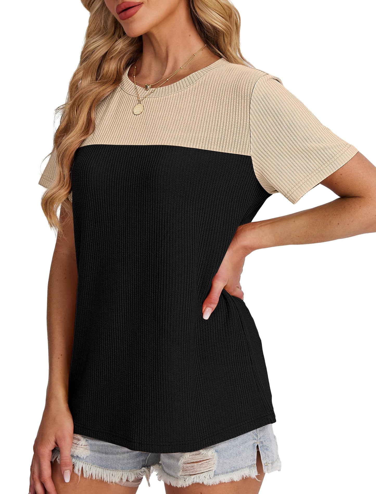 Women's Color Block Knit Shirt Short Sleeve Crewneck Top