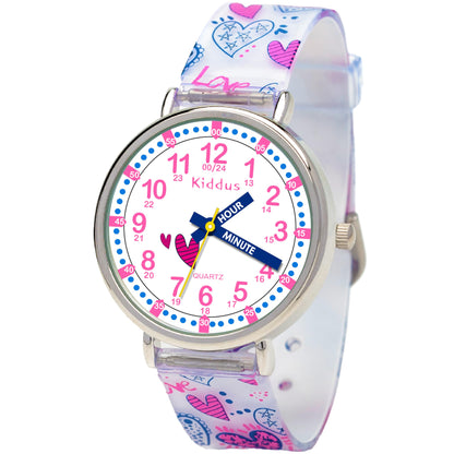 Kids Time Teacher Watch - Educational Analog Watch with Japanese Quartz Movement Ages 5-12 A. English Handles 01 Handles Hearts