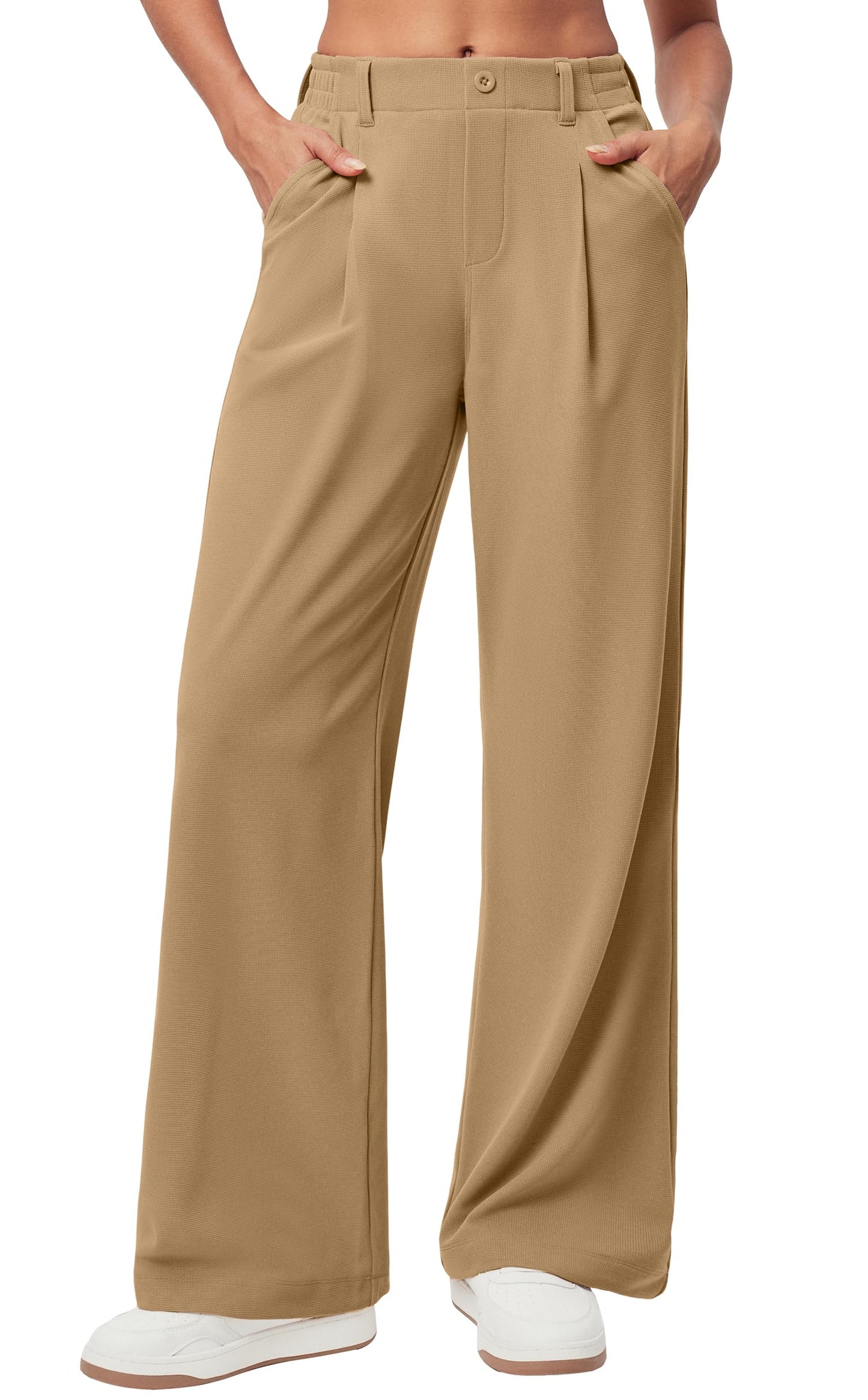 Women's Wide Leg Work Pants - Stretchy Pull-On Business Casual Trousers with Pockets Large Latte- 28'' Regular