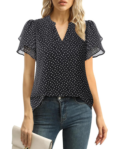Polyester Blouses - Women's Chiffon Blouse V-Neck Puff Sleeve Summer Top for Work and Casual Wear Black Dot