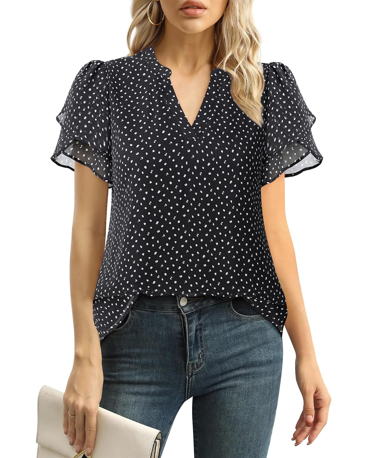 Polyester Blouses - Women's Chiffon Blouse V-Neck Puff Sleeve Summer Top for Work and Casual Wear Black Dot