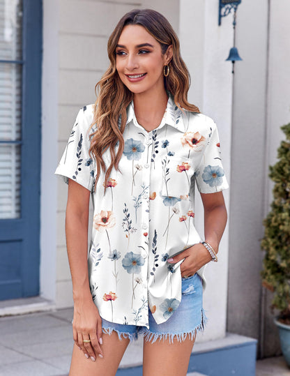 Polyester Blouse - Women's Button Down Shirt Short Sleeve Business Casual Blouse with Chest Pocket