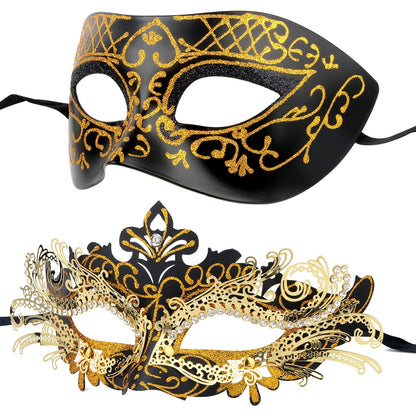 Masquerade Masks - Elegant Mardi Gras Party Masks - Premium Decorative Masks for Women and Men Black With Gold Line