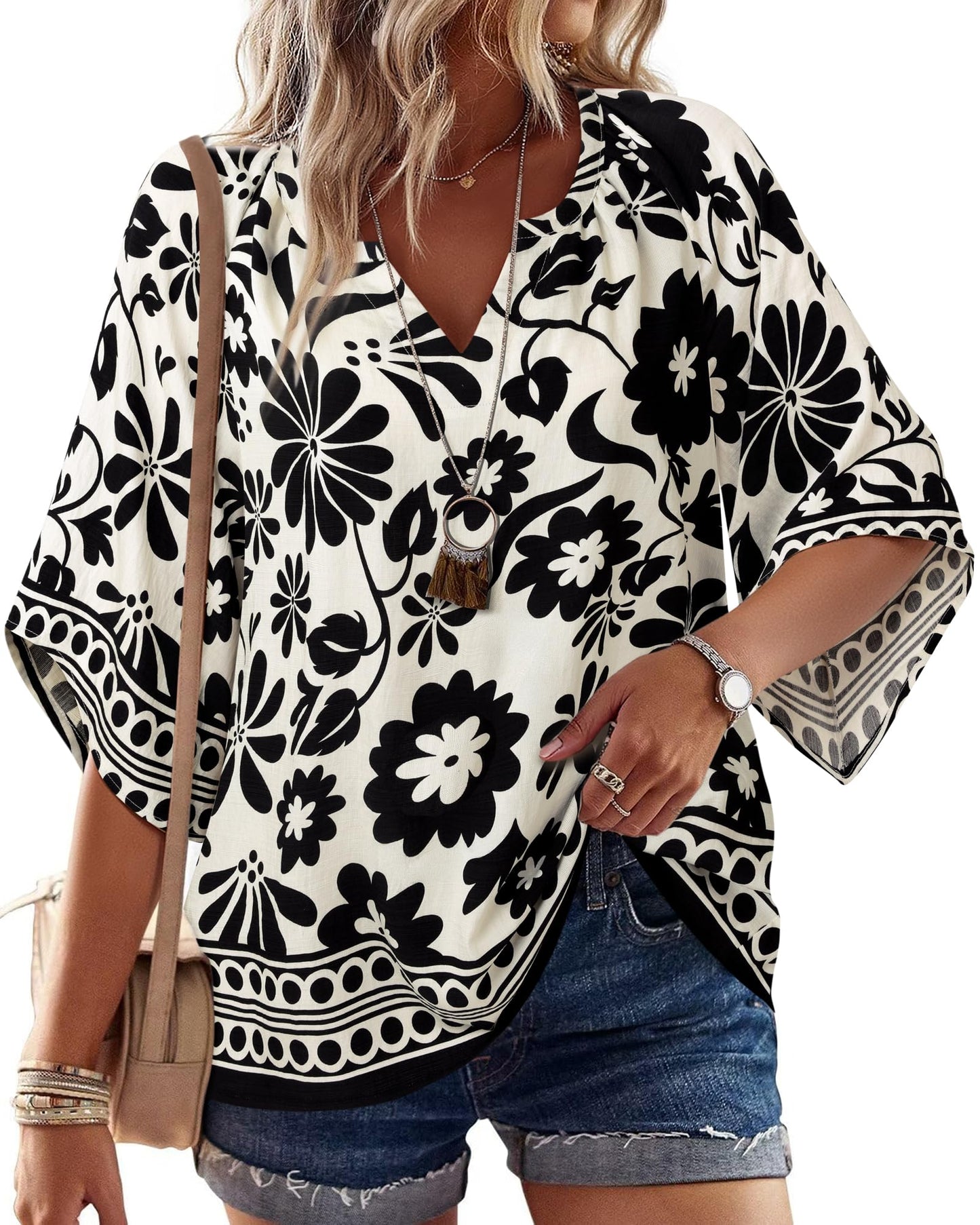 Big & Tall Clothing - Women's 3/4 Sleeve V-Neck Bohemian Peasant Blouse Loose Fit Tunic Top