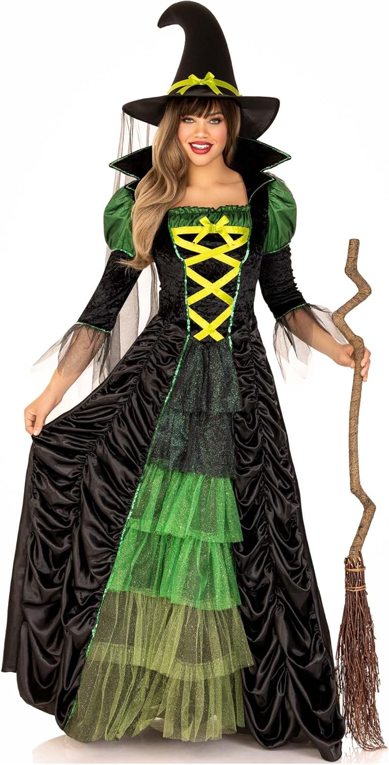 Storybook Witch Costume - Women's 2-Piece Halloween Dress with Hat and Veil Black Green