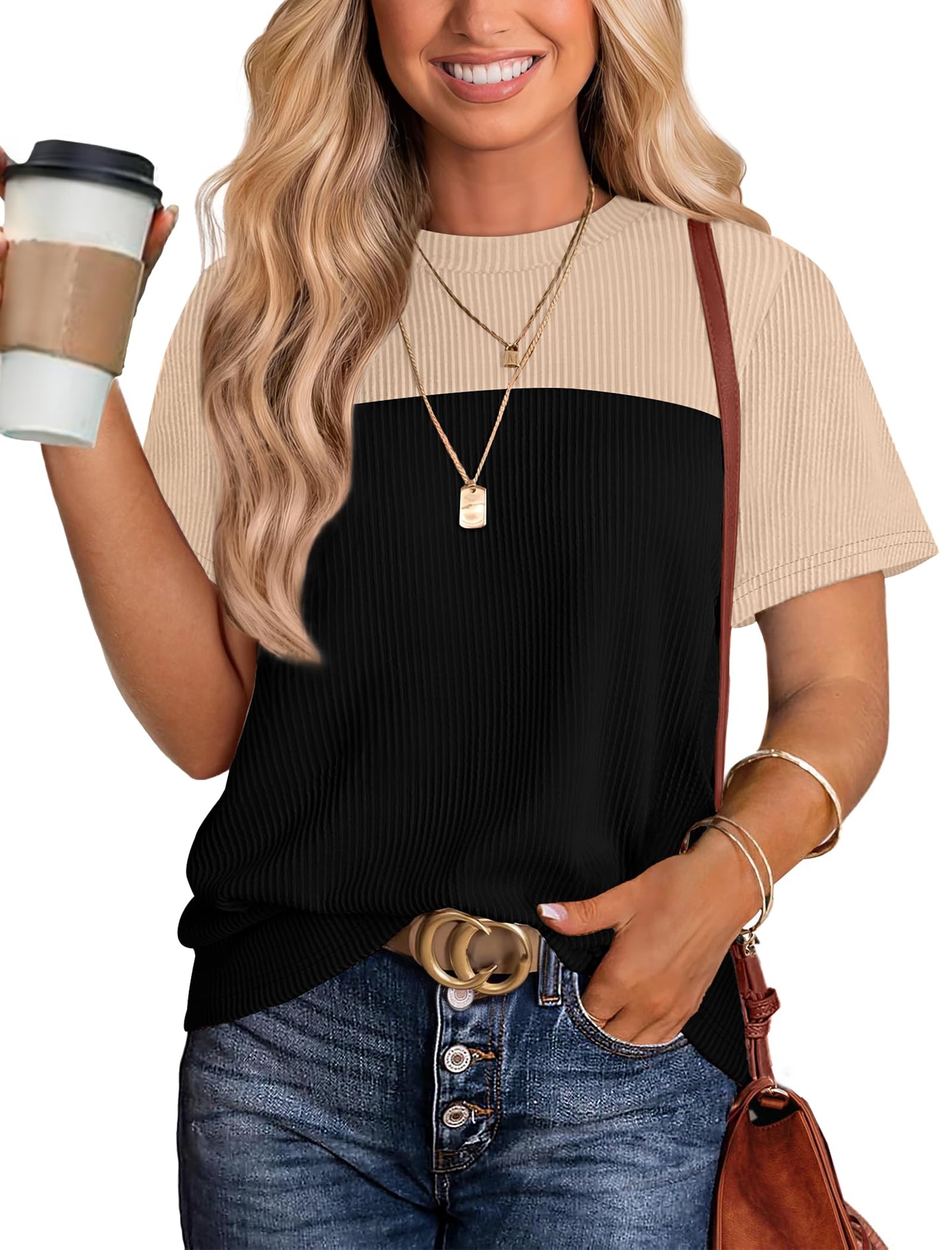 Women's Color Block Knit Shirt Short Sleeve Crewneck Top