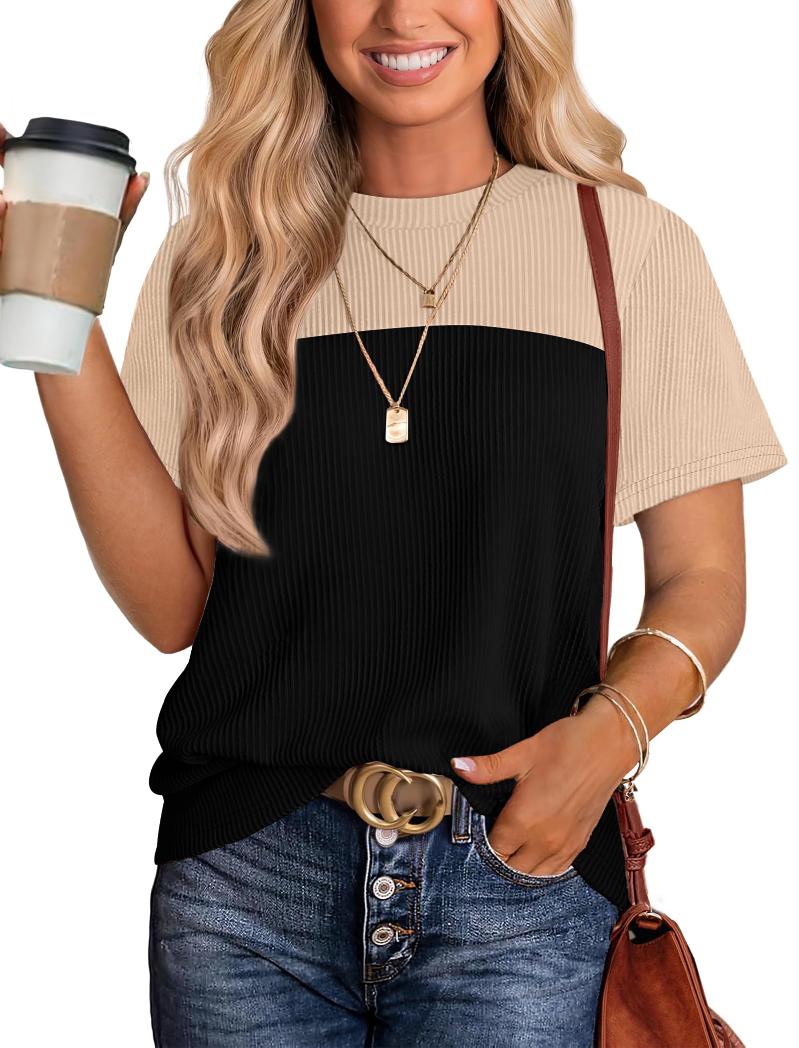 Women's Color Block Knit Shirt Short Sleeve Crewneck Top