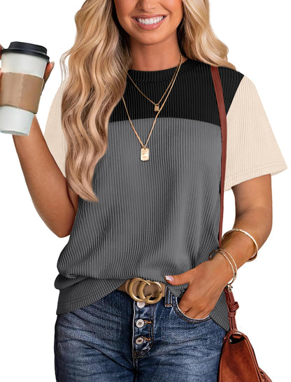 Women's Color Block Knit Shirt Short Sleeve Crewneck Top Gray Black