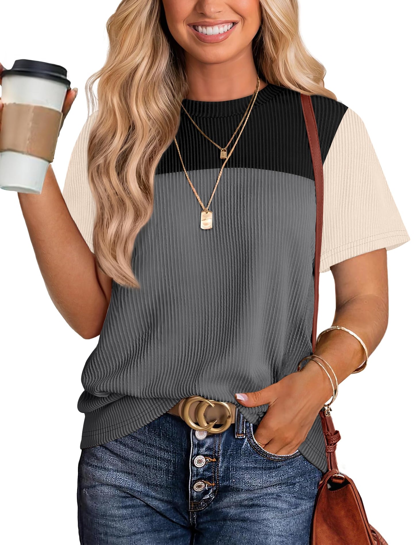 Women's Color Block Knit Shirt Short Sleeve Crewneck Top Gray Black