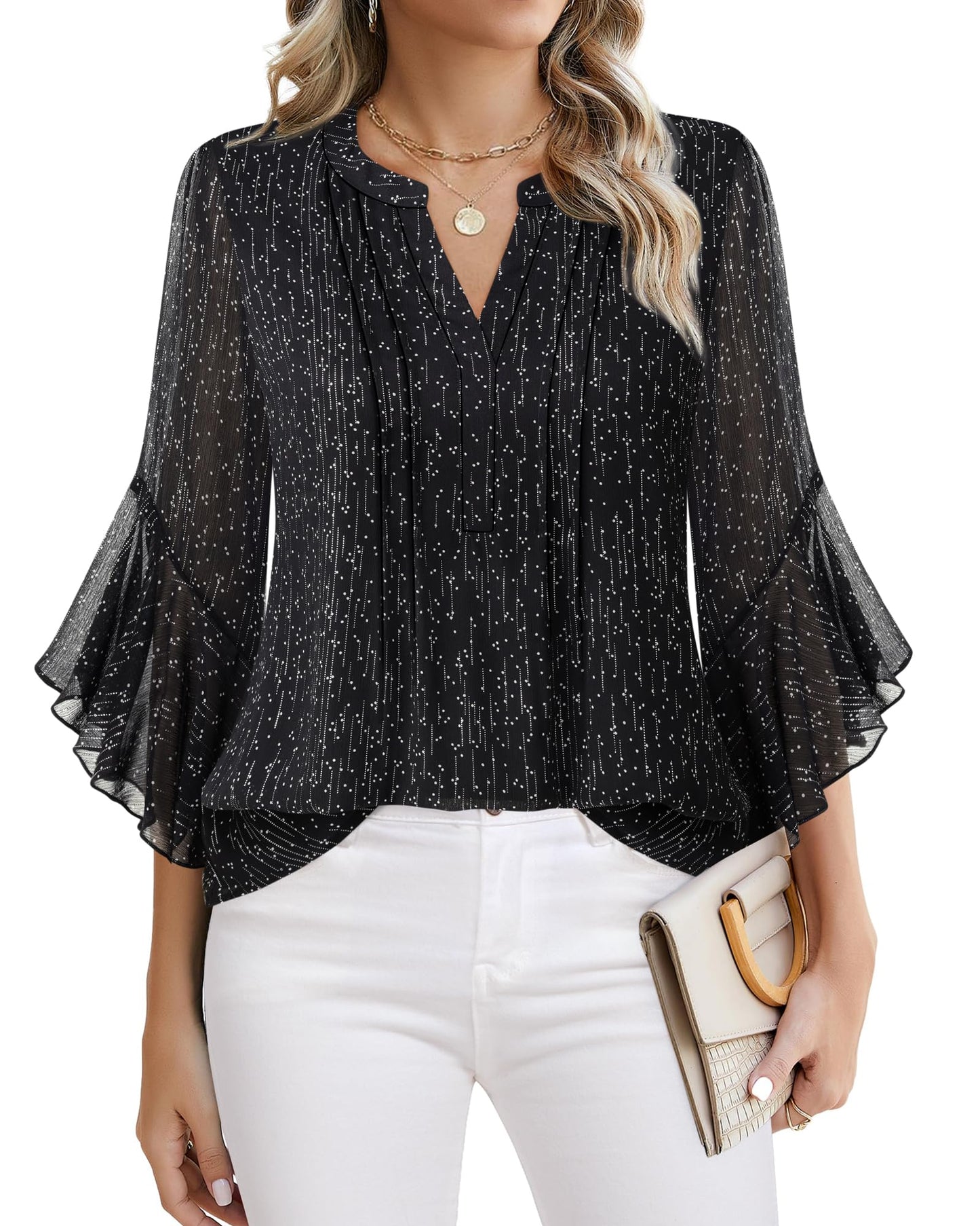 Beautiful Blouses For Ladies - Women's 3/4 Sleeve Chiffon Blouse Dressy Business Casual Work Shirt Black White