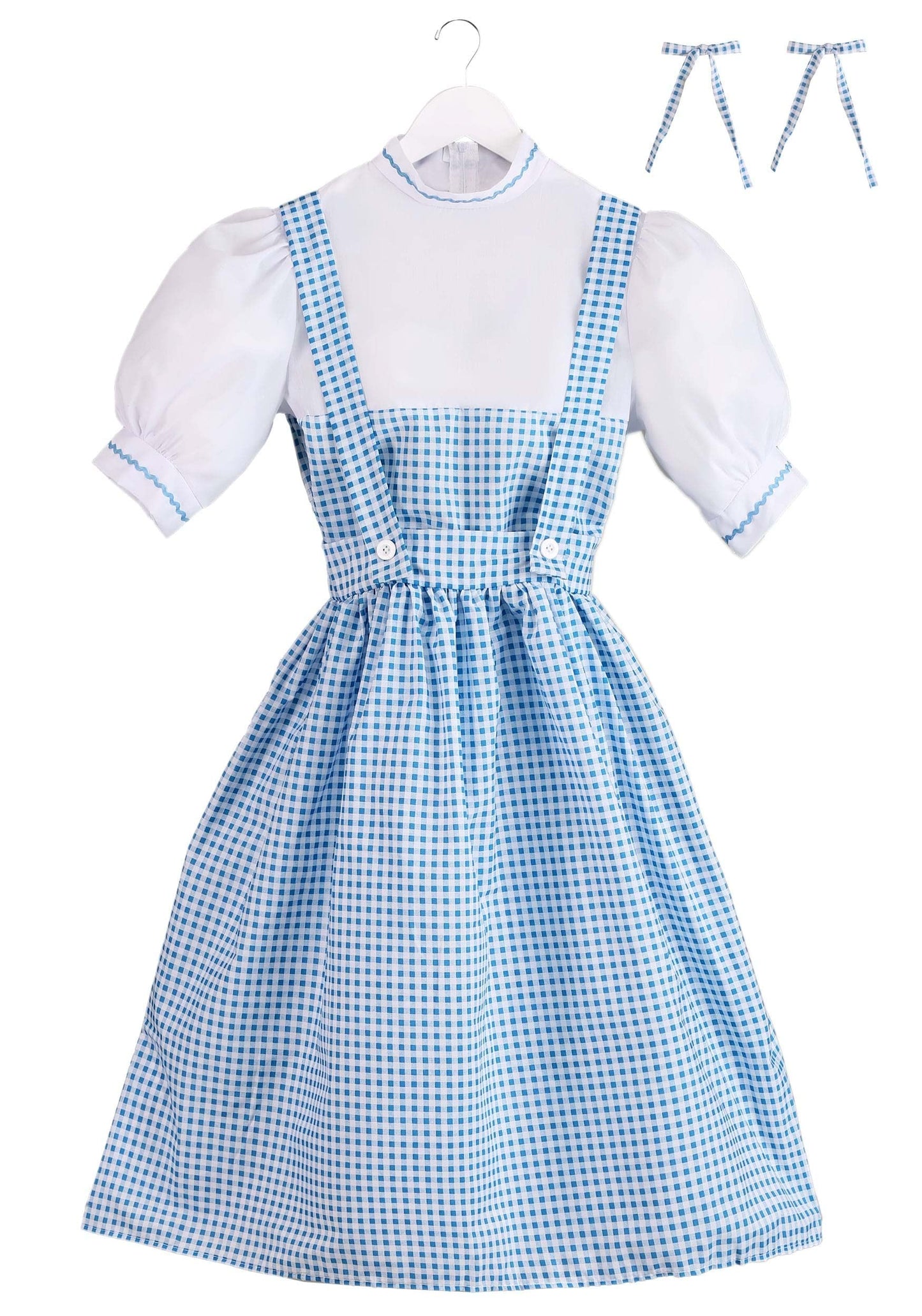 Dorothy Costume - Women's Blue Gingham Dress with White Blouse and Hair Ribbons