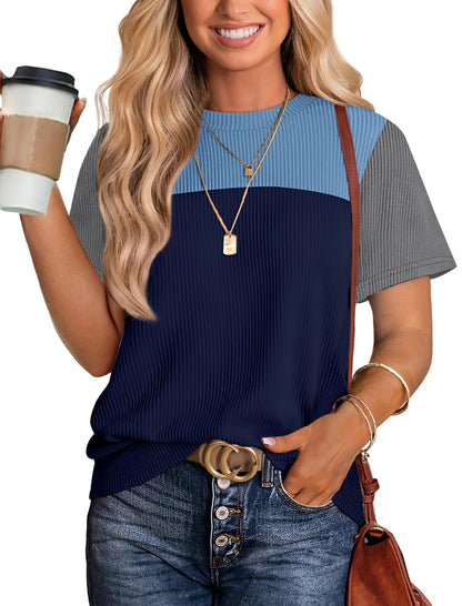 Women's Color Block Knit Shirt Short Sleeve Crewneck Top Gray Blue