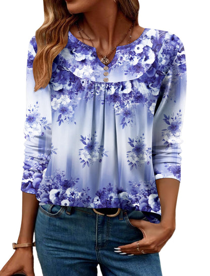 Women Long Sleeve V Neck Blouse - Casual Dressy Work Tunic Top with Pleated Detail 2025 Purple Flowers