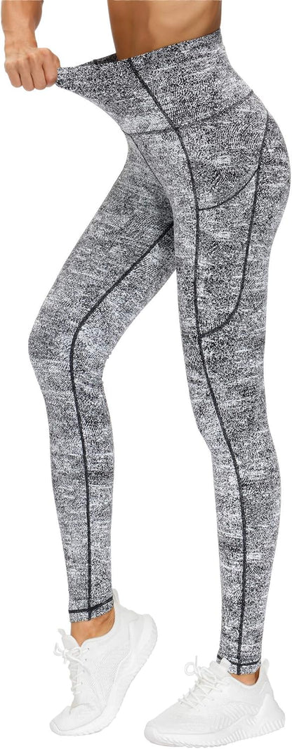 Women's High Waisted Yoga Leggings with Pockets - Thick Tummy Control Workout Pants Black White Grey
