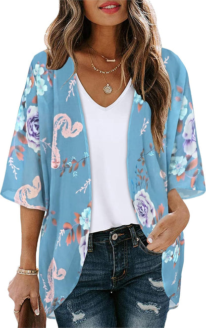 Floral Print Kimono Cardigan Women Puff Sleeve Cover Up Casual Blouse Loose Top Small Blue Grey