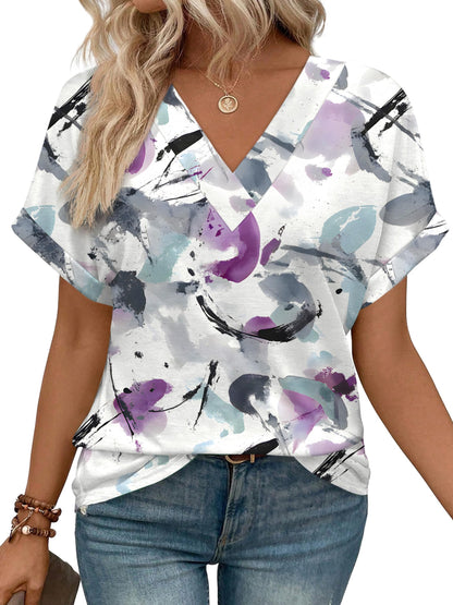 Womens Summer Tops V Neck Short Sleeve Shirts Casual Dolman Sleeve Fashion Blouse 3-purple Printed