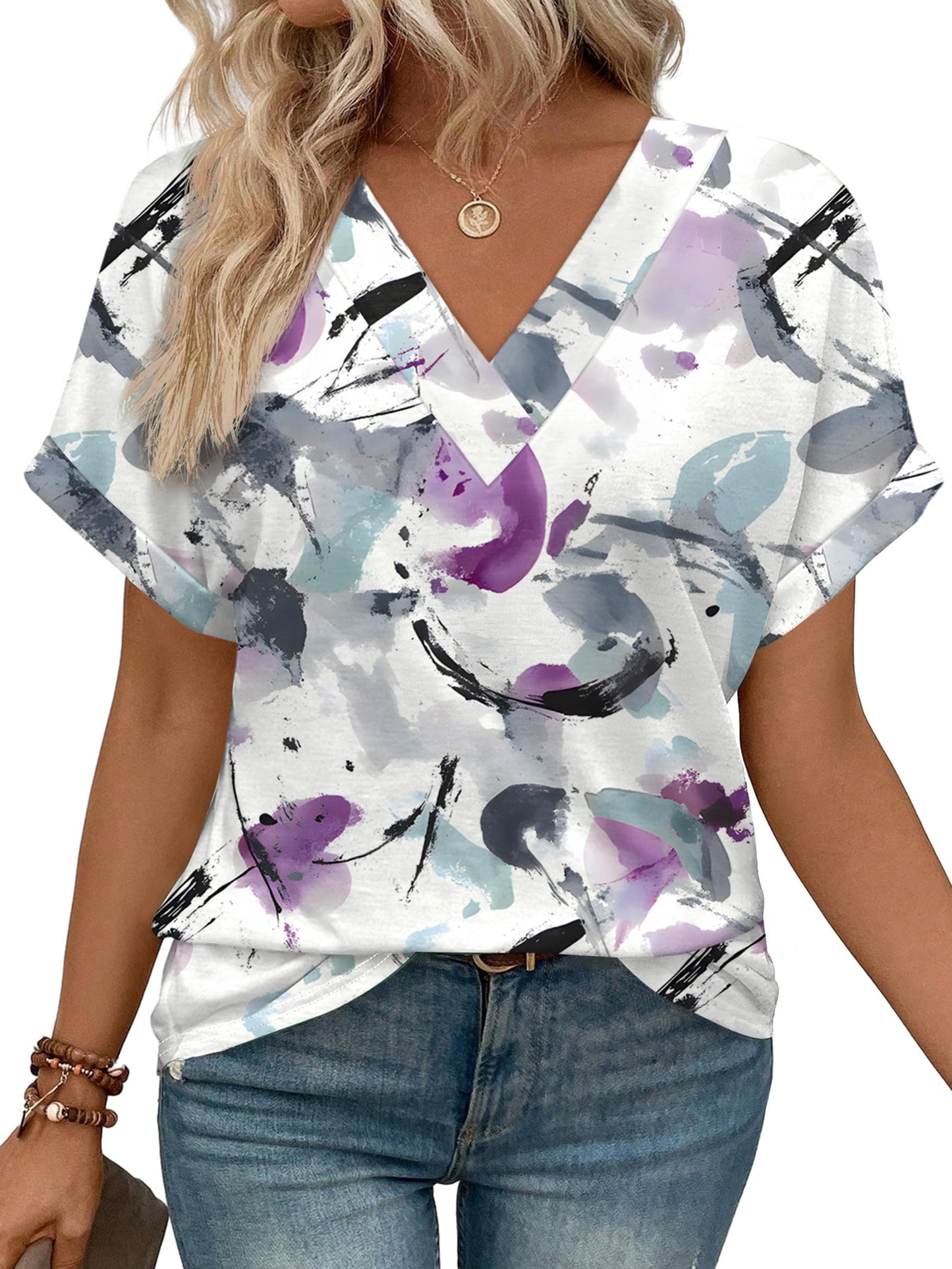 Womens Summer Tops V Neck Short Sleeve Shirts Casual Dolman Sleeve Fashion Blouse