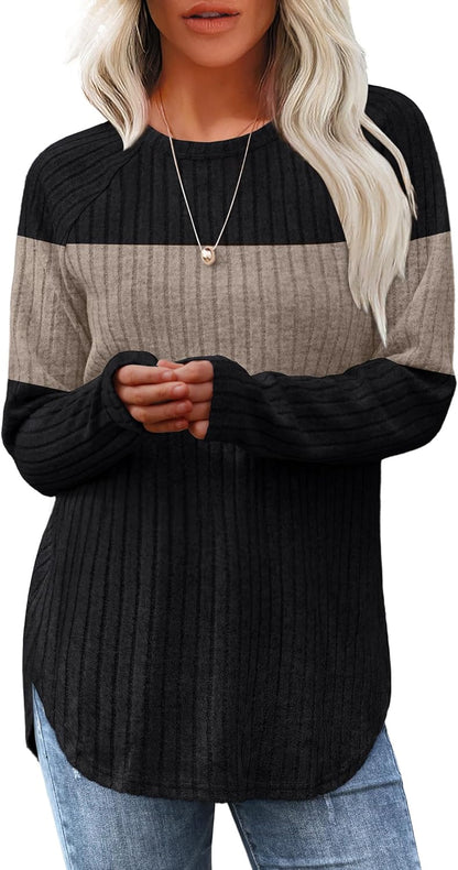 Women's Long Sleeve Tunic Tops - Loose Fit Crewneck Pullover with Curved Hem