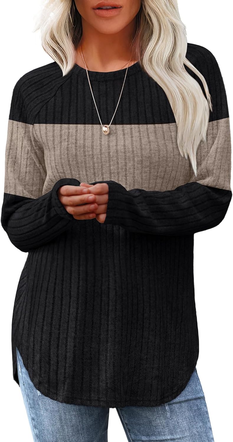 Women's Long Sleeve Tunic Tops - Loose Fit Crewneck Pullover with Curved Hem Color Block(black-apricot)