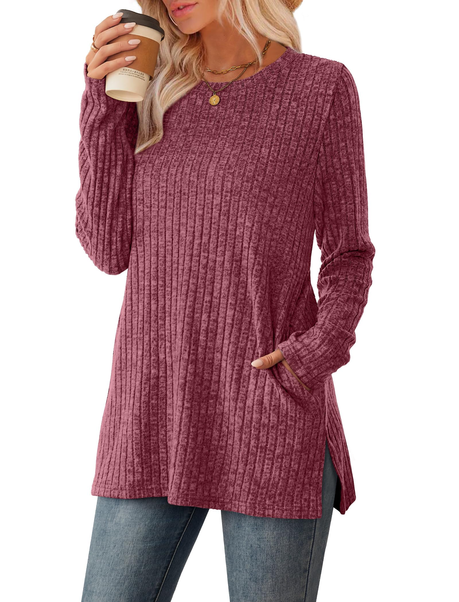 Women's Crewneck Sweater with Pockets - Long Sleeve Tunic Top with Side Slits