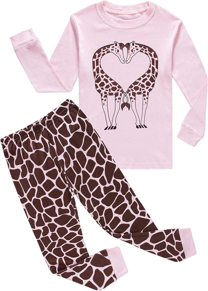 Kids Cotton Pajamas 2 Piece Set - Soft Sleepwear for Boys and Girls Giraffe Pink25