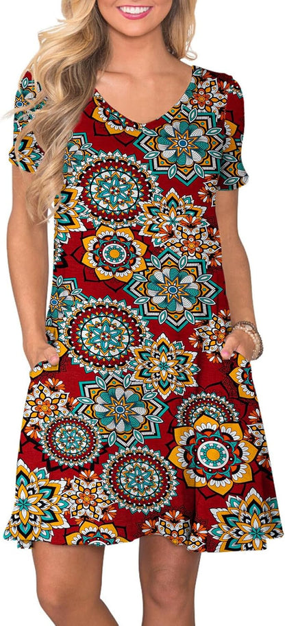 Women's Casual T-Shirt Dress Short Sleeve Summer Swing Dress with Pockets Red Mandala