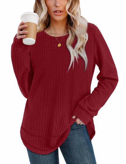 Women's Tunic Tops - Loose Fit Waffle Knit Long Sleeve Crewneck Sweaters