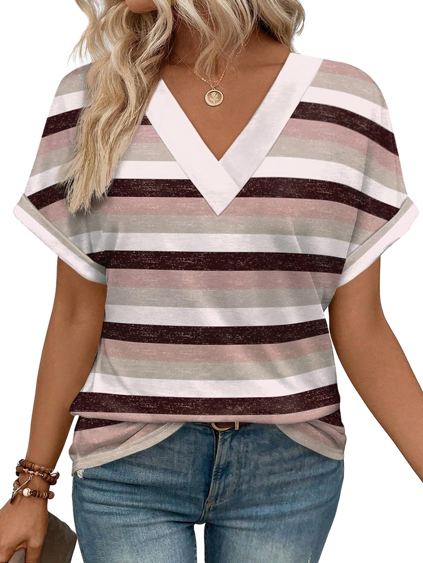 Womens Summer Tops V Neck Short Sleeve Shirts Casual Dolman Sleeve Fashion Blouse 2-striped - Purple