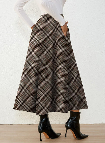 Women's Plaid Skirts - High Waist A-Line Midi Tartan Skirt with Pockets