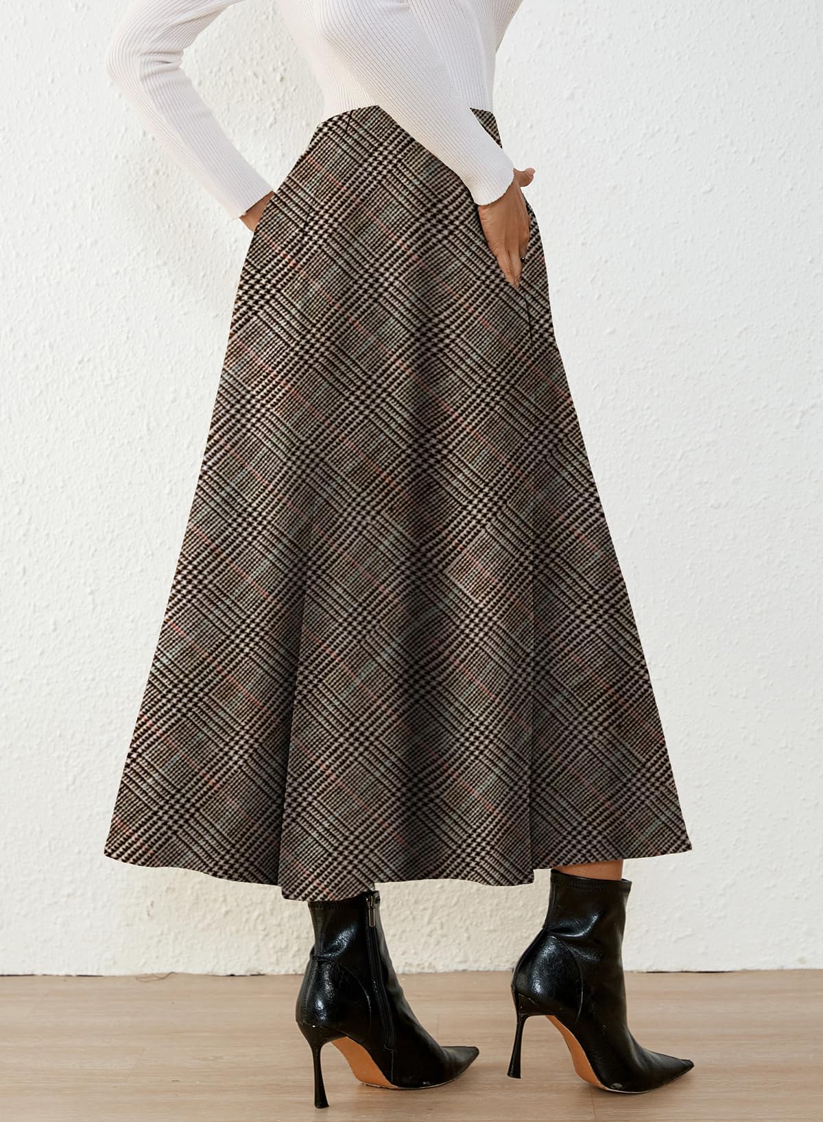 Women's Plaid Skirts - High Waist A-Line Midi Tartan Skirt with Pockets