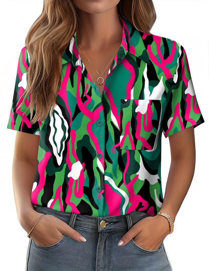 Polyester Blouse - Women's Button Down Shirt Short Sleeve Business Casual Blouse with Chest Pocket