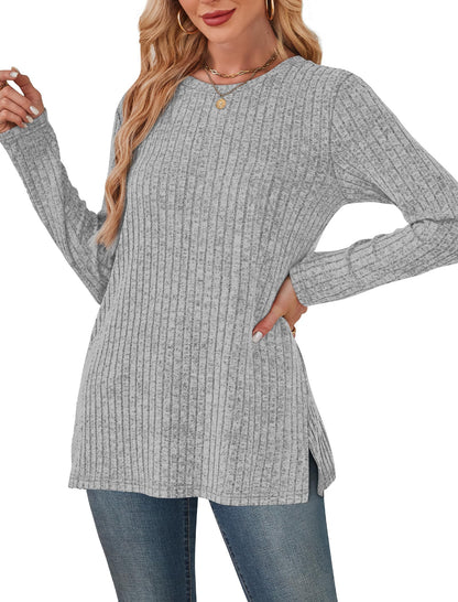 Women's Crewneck Sweater with Pockets - Long Sleeve Tunic Top with Side Slits