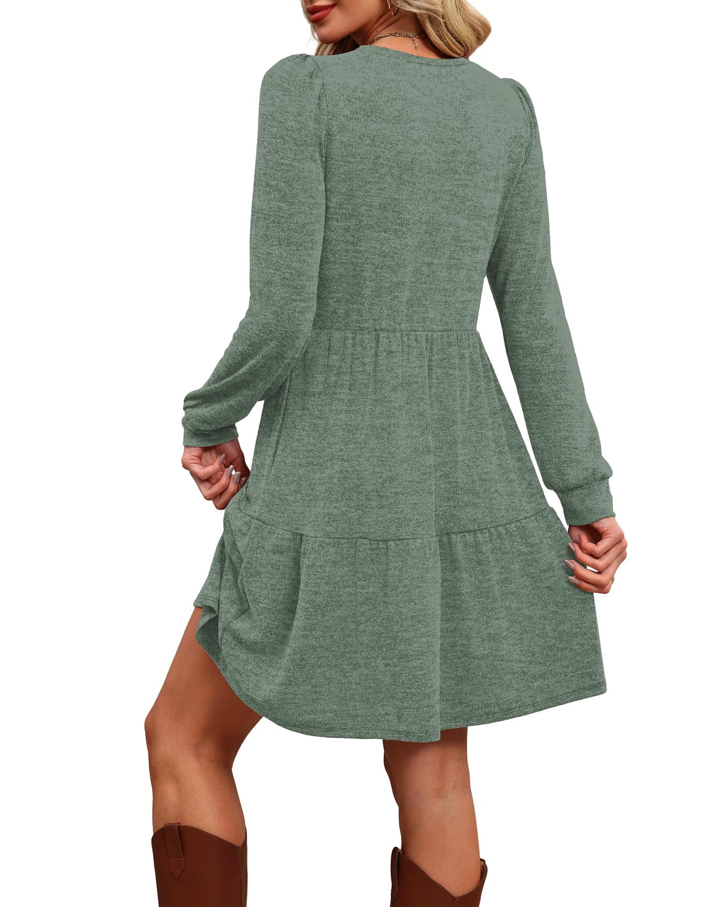Women's Long Sleeve Fall Dresses with Pockets - Crew Neck Babydoll Casual Dress