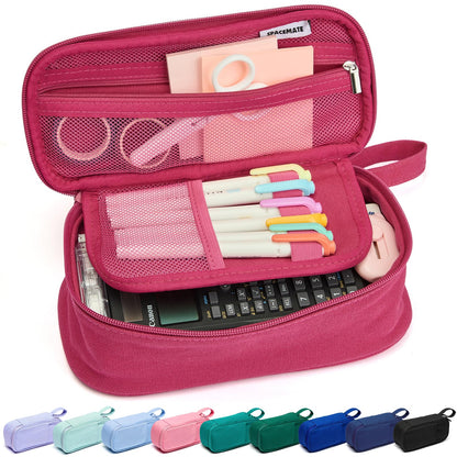 Large Pencil Case 1800ml - Heavy Duty Canvas School Supplies Organizer for Kids Students Dark Pink