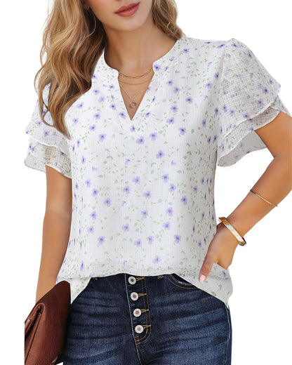 Polyester Blouses - Women's Chiffon Blouse V-Neck Puff Sleeve Summer Top for Work and Casual Wear