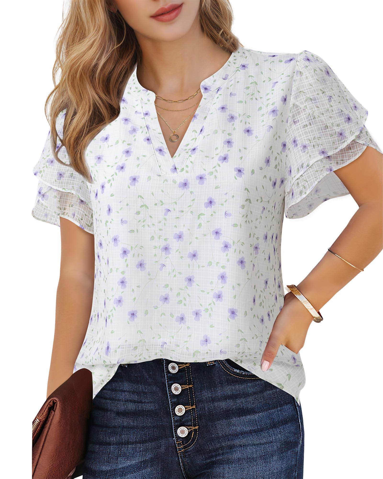 Polyester Blouses - Women's Chiffon Blouse V-Neck Puff Sleeve Summer Top for Work and Casual Wear
