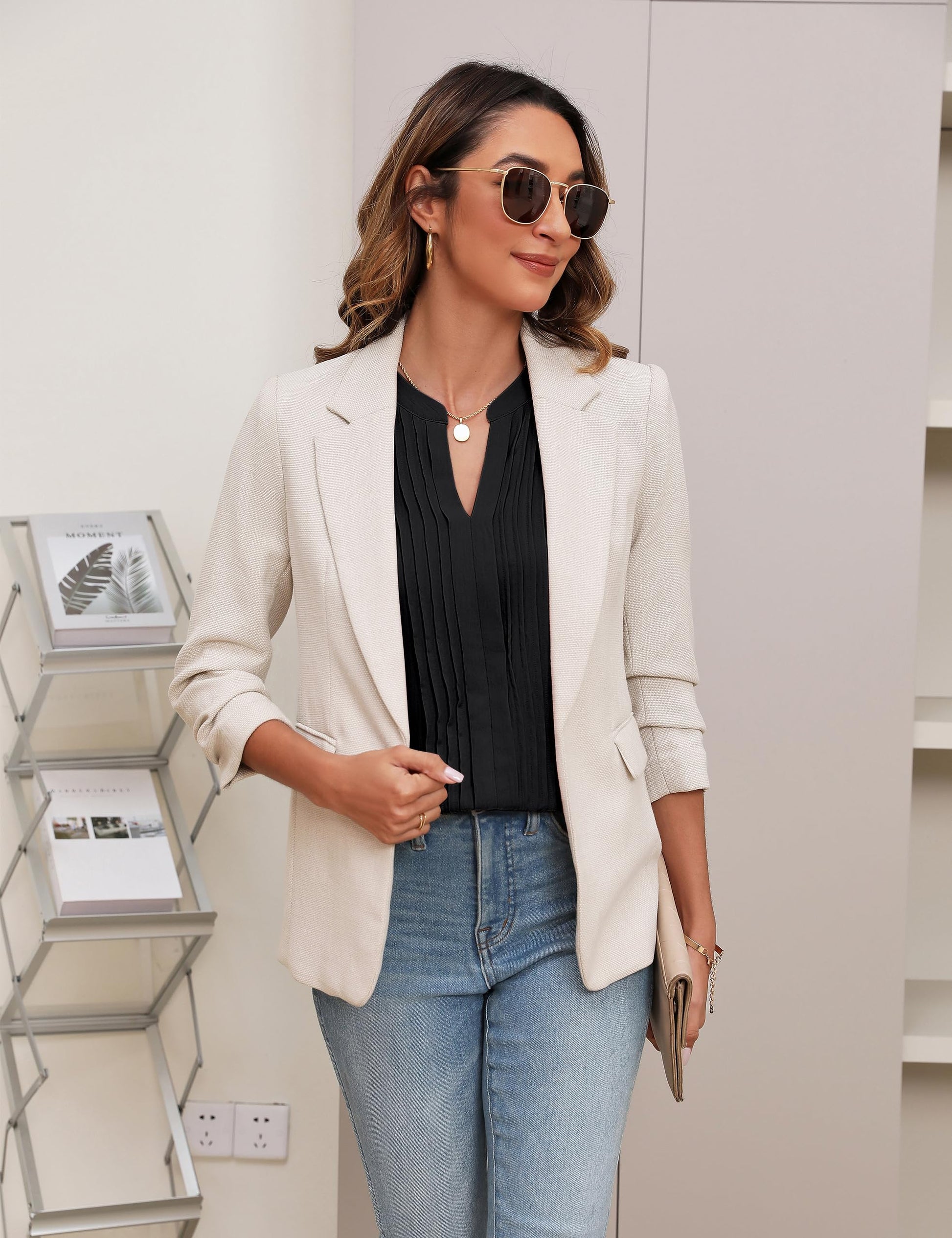 Beautiful Blouses For Ladies - Women's V-Neck Blouse with Pintuck Detail Short Petal Sleeve Business Top