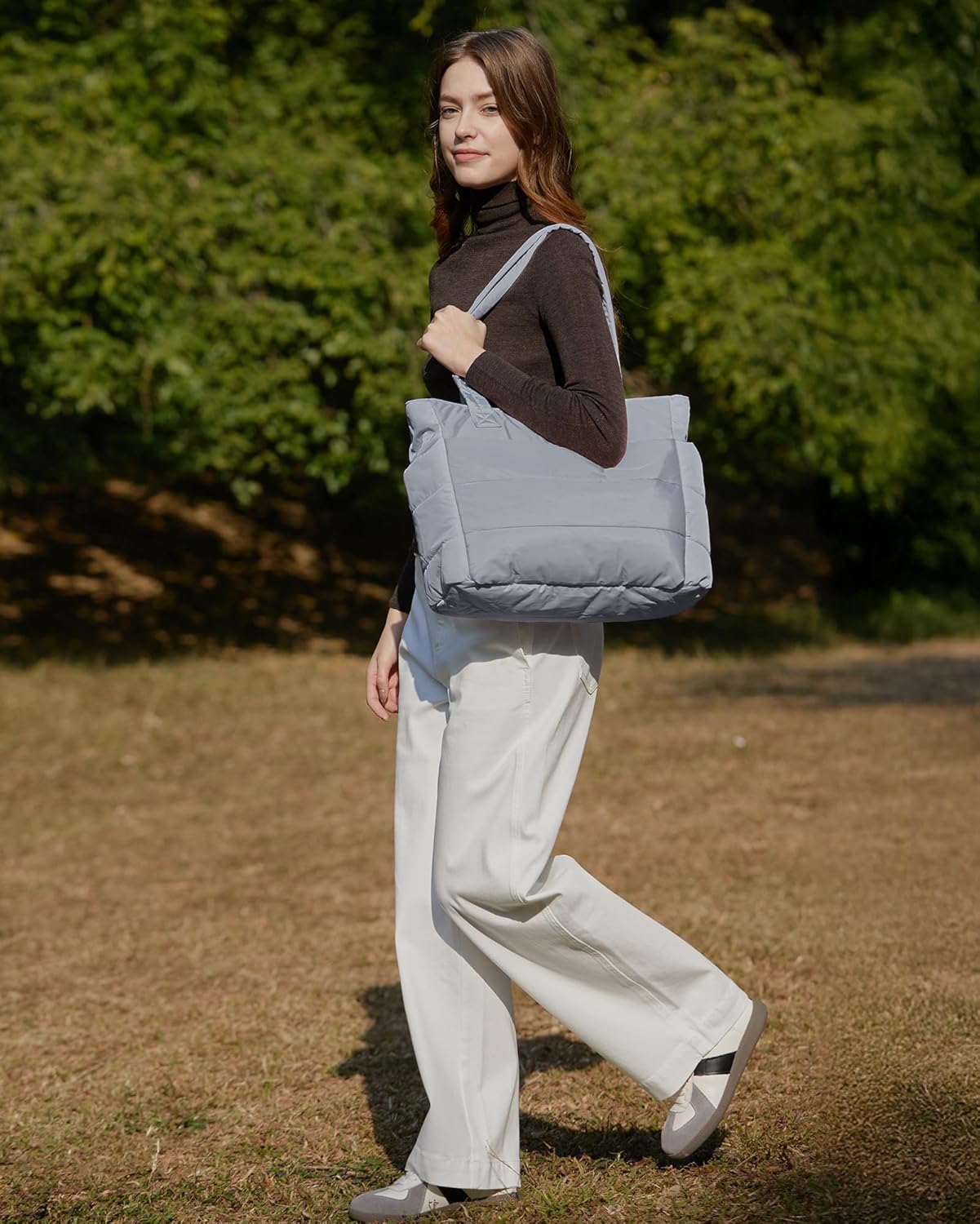 Women's Quilted Tote Bag Lightweight Puffy Shoulder Bag with Compartments