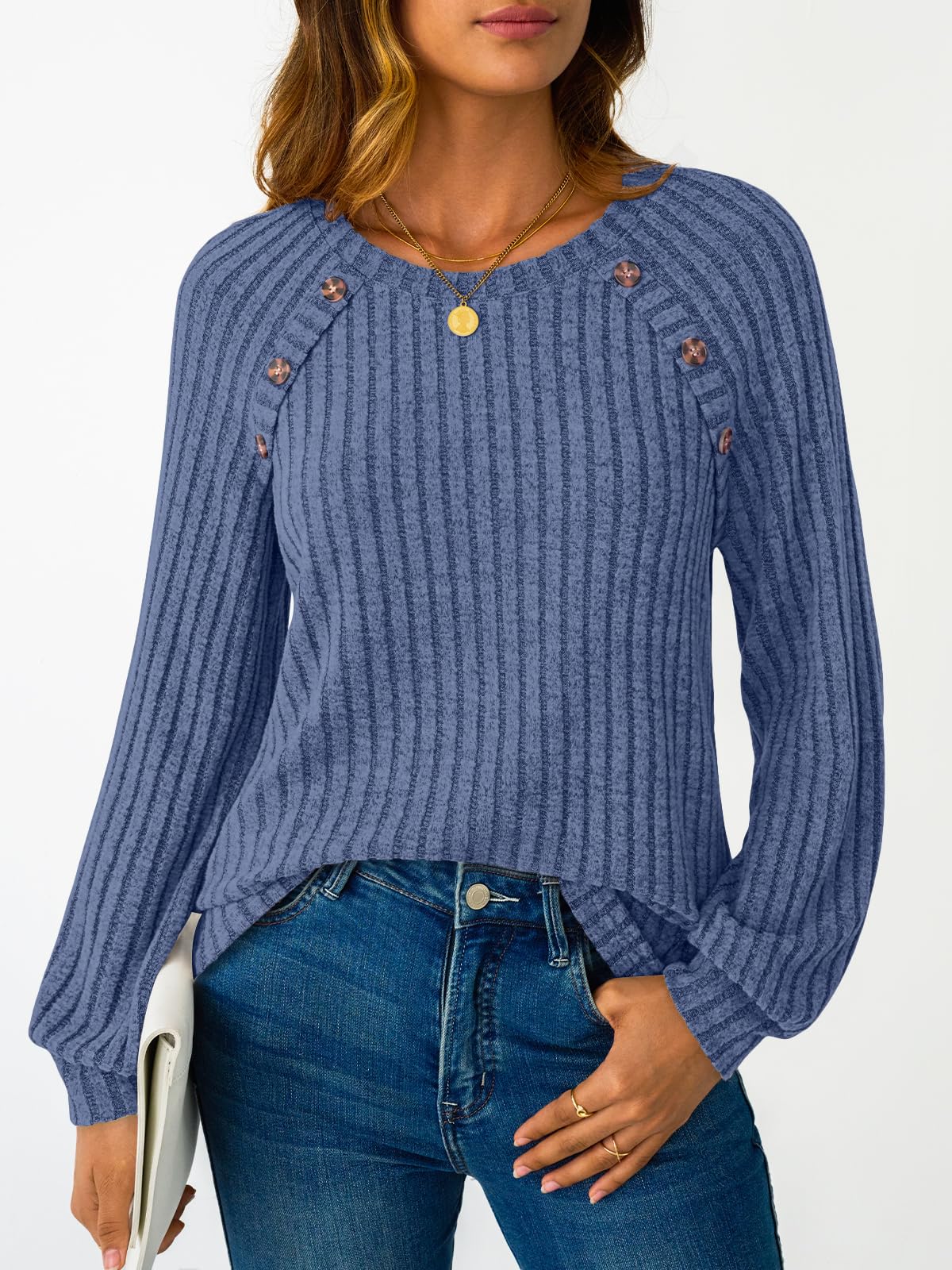 Women's Long Sleeve Tops - Fall Lightweight Sweaters with Shoulder Buttons