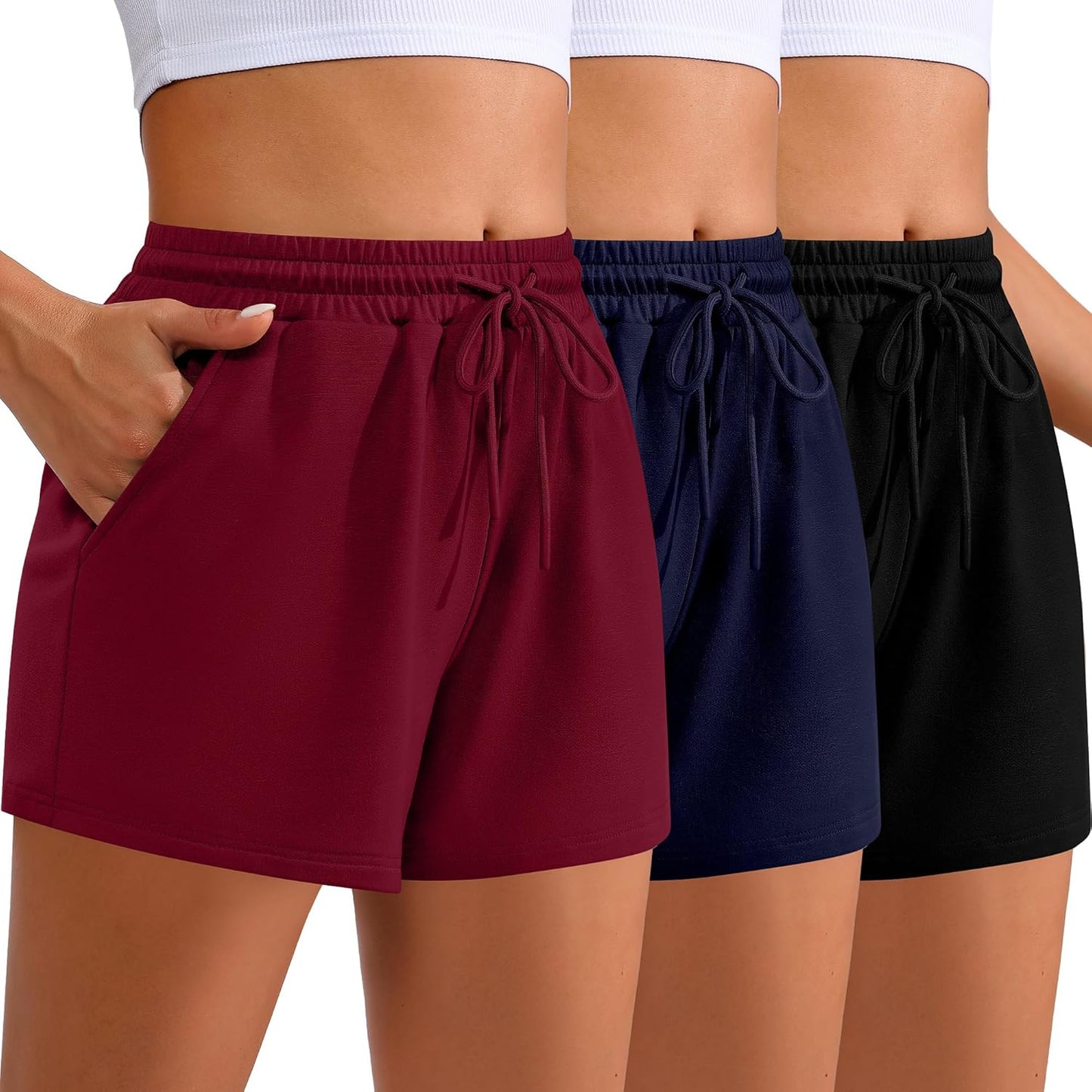 Women Sweat Shorts 3-Pack - High Waist Athletic Lounge Shorts with Pockets Black, Navy Blue, Burgundy