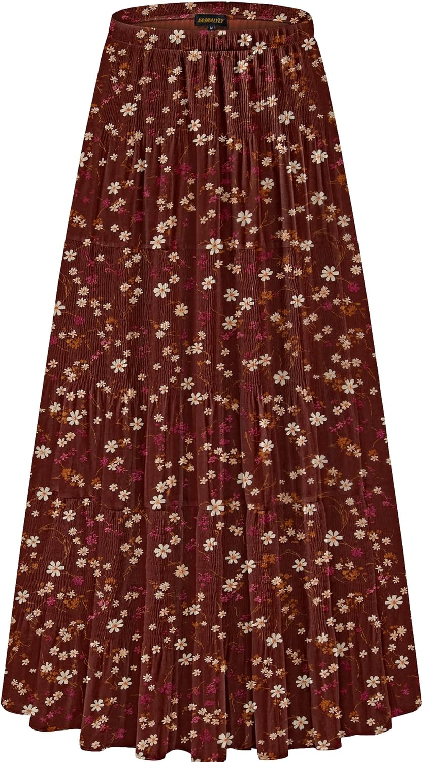 Chiffon Maxi Skirt for Women - High Waist Pleated A-Line Flared Long Skirt X-Large Reddish Brown Flower