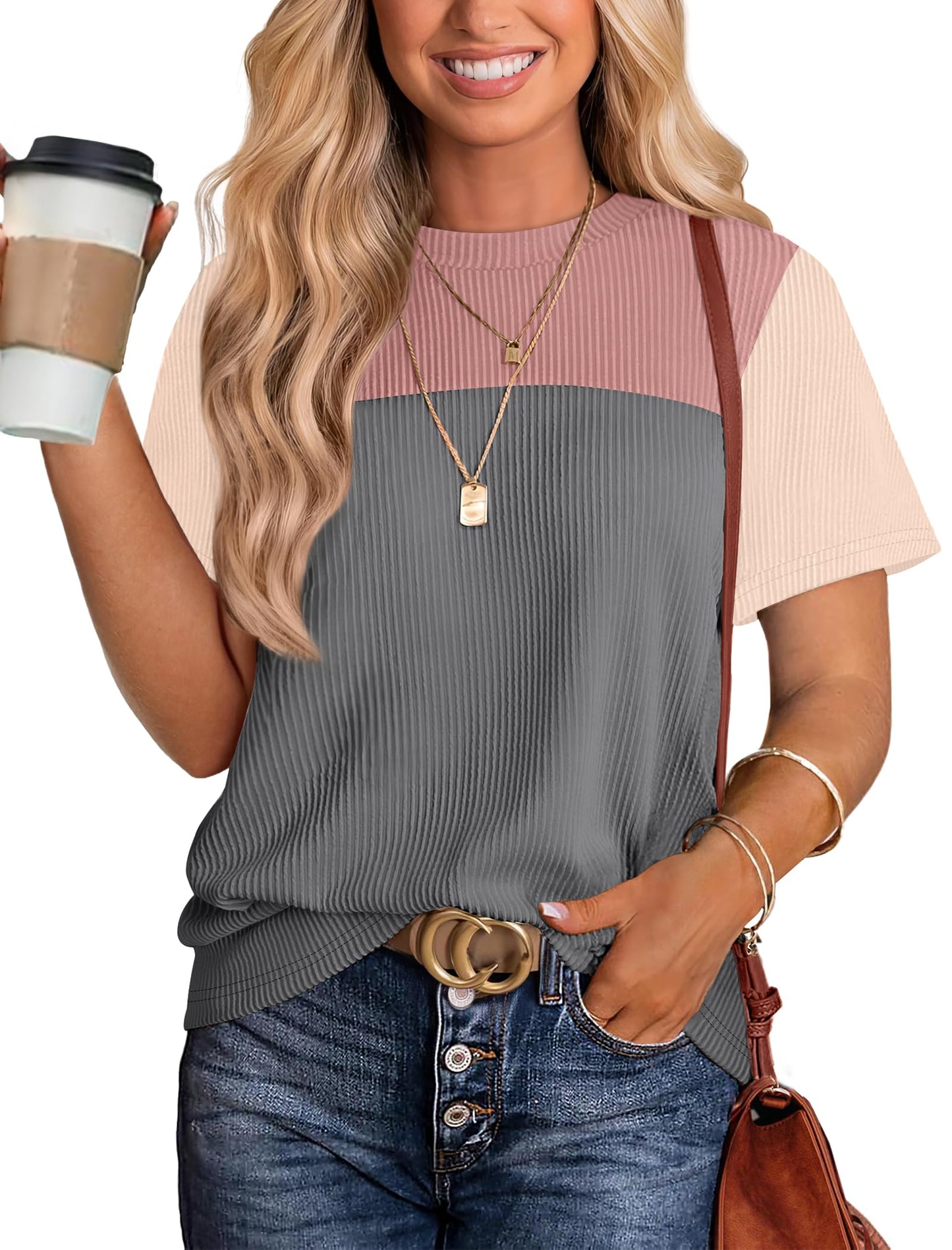 Women's Color Block Knit Shirt Short Sleeve Crewneck Top Pink Gray
