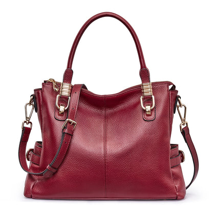 Women Genuine Leather Handbag - Soft Satchel Tote Shoulder Bag with Adjustable Strap Wine Red