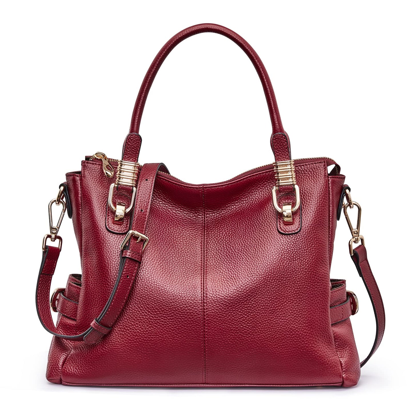 Women Genuine Leather Handbag - Soft Satchel Tote Shoulder Bag with Adjustable Strap Wine Red