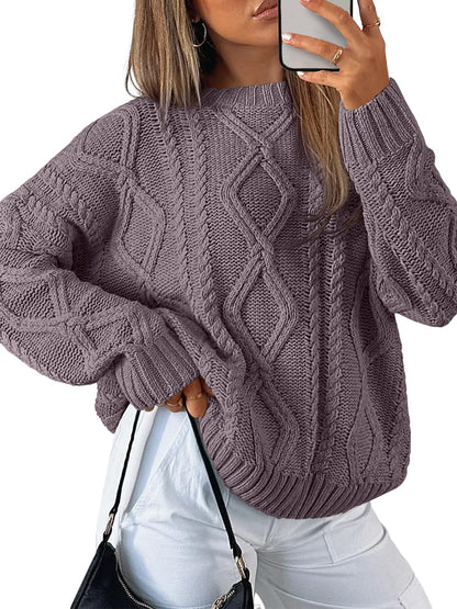 Women's Oversized Cable Knit Crewneck Sweaters - Cozy Fall Pullover
