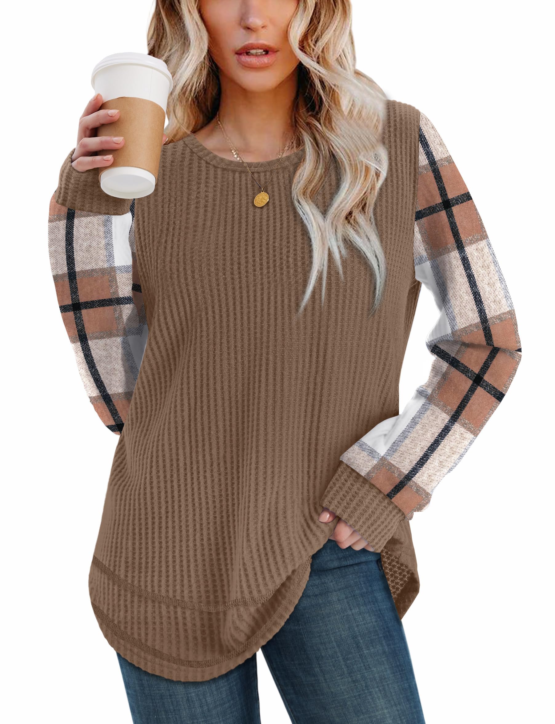 Women's Tunic Tops - Loose Fit Waffle Knit Long Sleeve Crewneck Sweaters