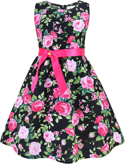 Girls Floral Cotton Dress - Sleeveless Summer Dress with Zipper Closure