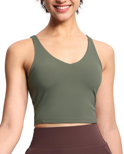 Longline Sports Bra Women Wirefree Padded Medium Support Workout Bra Olive Green