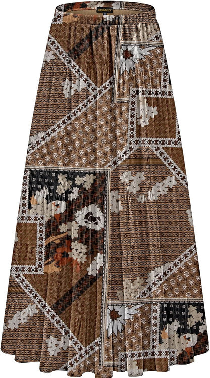 Chiffon Maxi Skirt for Women - High Waist Pleated A-Line Flared Long Skirt Coffee White Floral
